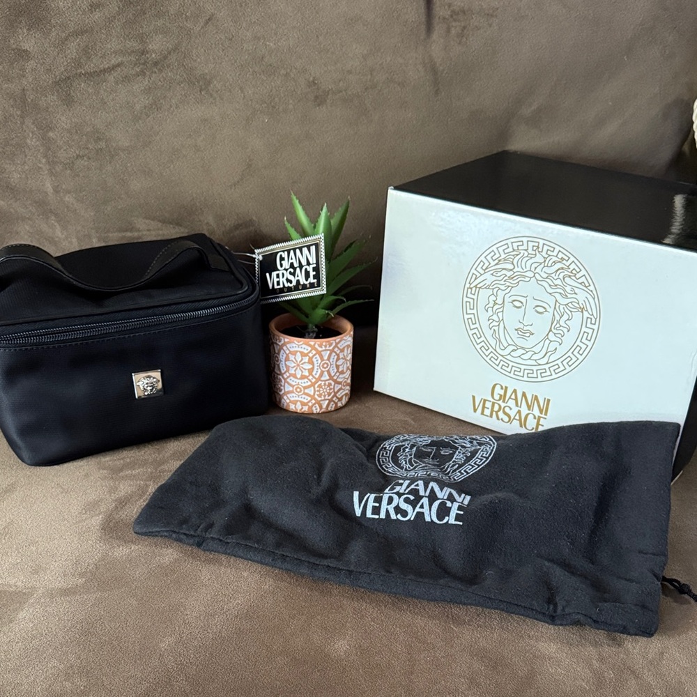 Versace NWT Black Cosmetic Bag with Silver Medusa Head Includes Box and Dustbag